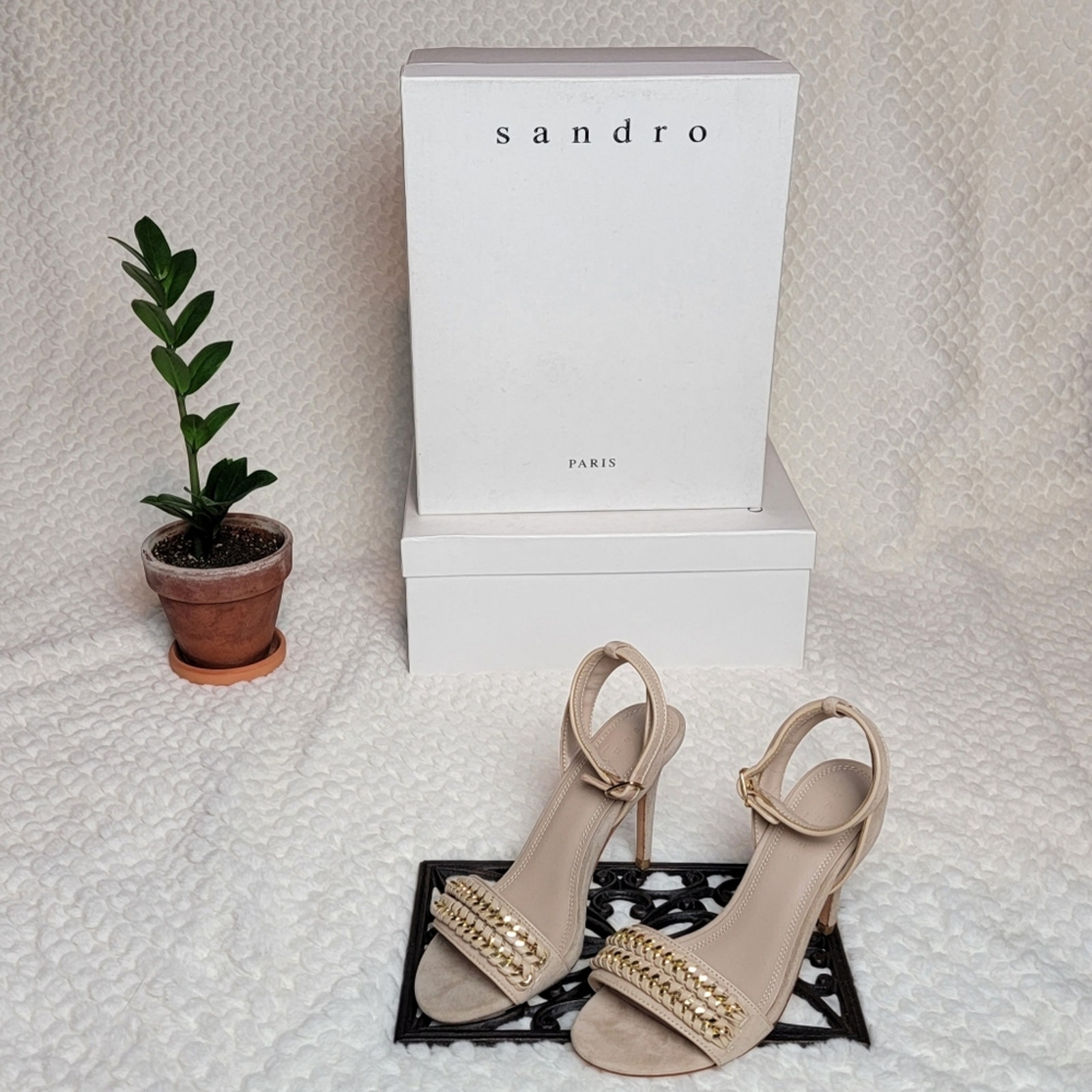 Nib Sandro Nina Chain Strappy Heels In Nude Suede, Sz 36 / Us 5-5.5